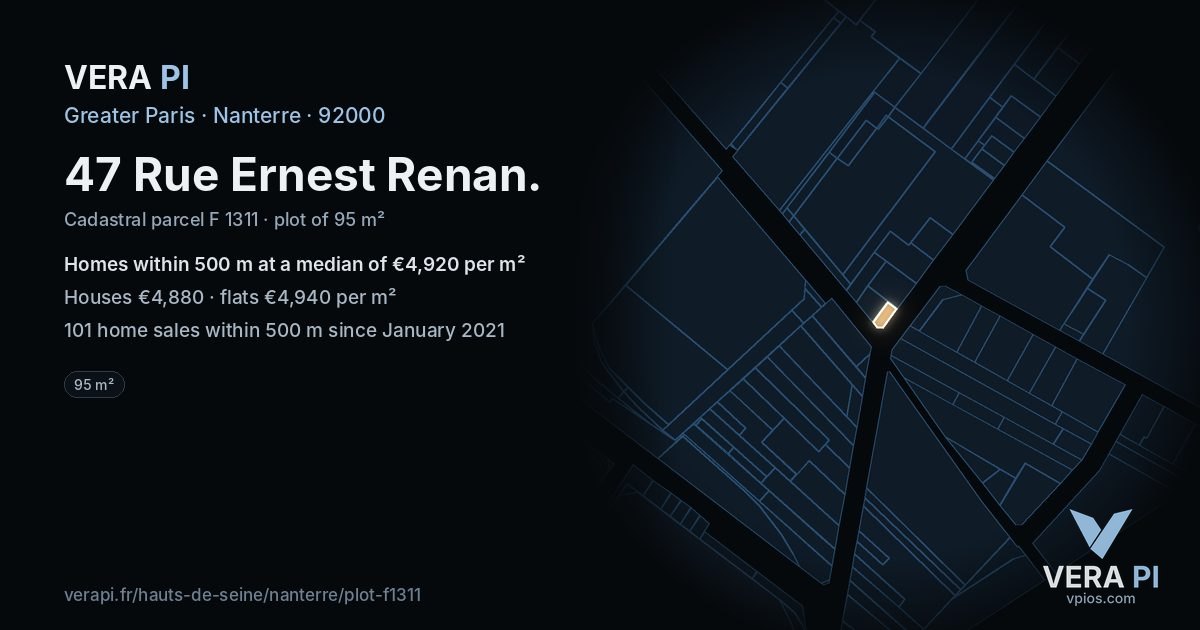 47 Rue Ernest Renan, Nanterre at night – the plot lit, the parcels around coloured by the prices near them