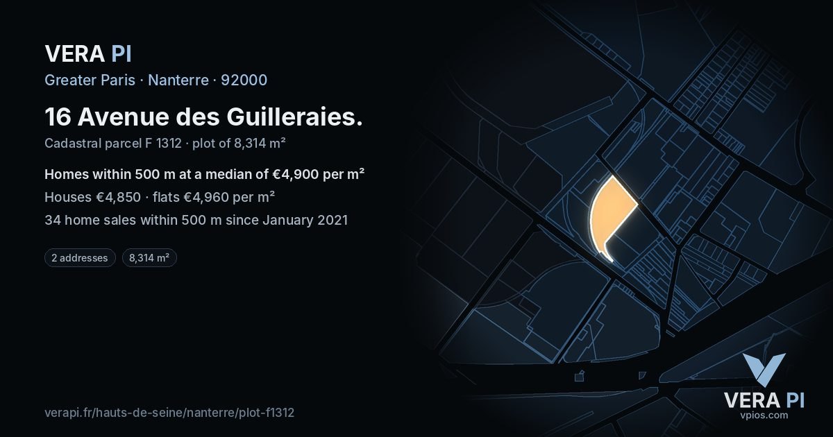 16 Avenue des Guilleraies, Nanterre at night – the plot lit, the parcels around coloured by the prices near them