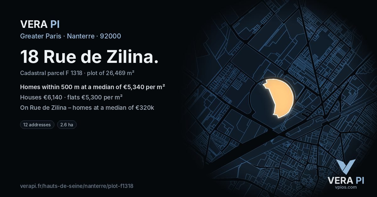 18 Rue de Zilina, Nanterre at night – the plot lit, the parcels around coloured by the prices near them