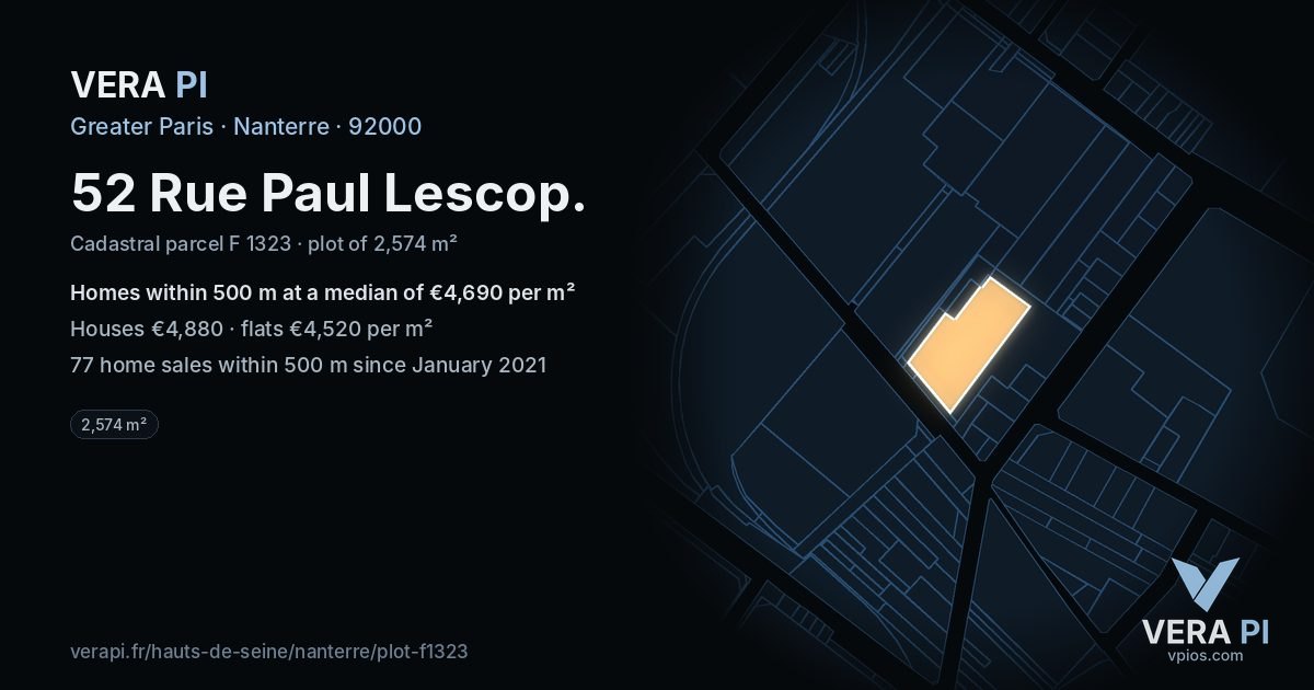 52 Rue Paul Lescop, Nanterre at night – the plot lit, the parcels around coloured by the prices near them