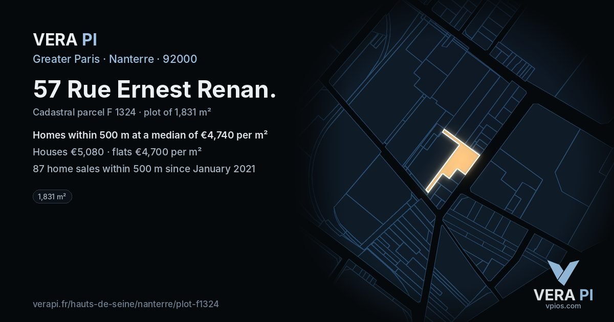 57 Rue Ernest Renan, Nanterre at night – the plot lit, the parcels around coloured by the prices near them