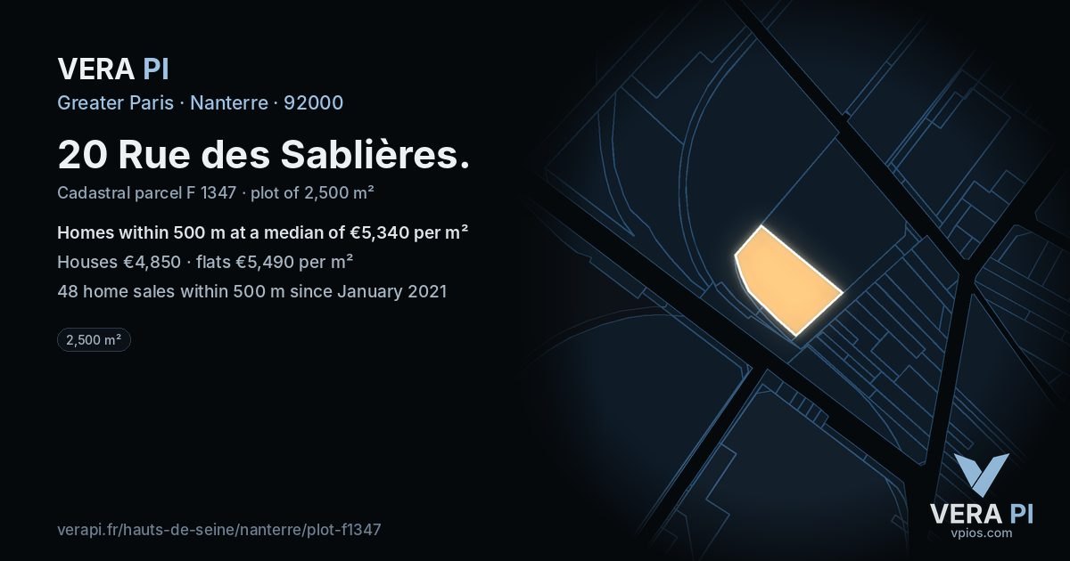 20 Rue des Sablières, Nanterre at night – the plot lit, the parcels around coloured by the prices near them