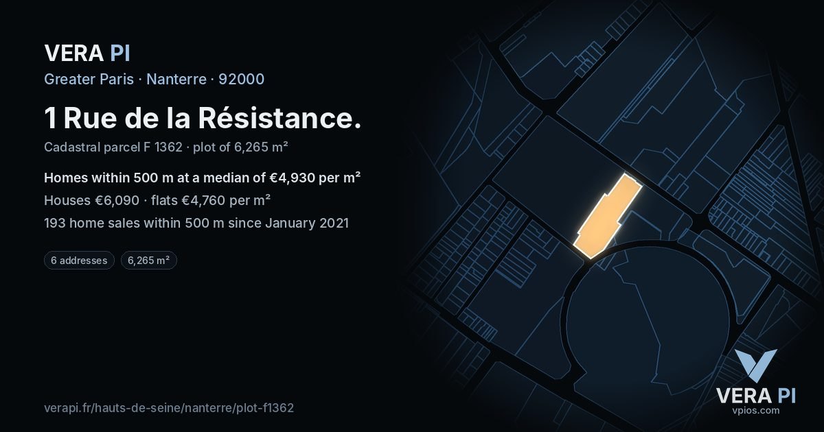 1 Rue de la Résistance, Nanterre at night – the plot lit, the parcels around coloured by the prices near them