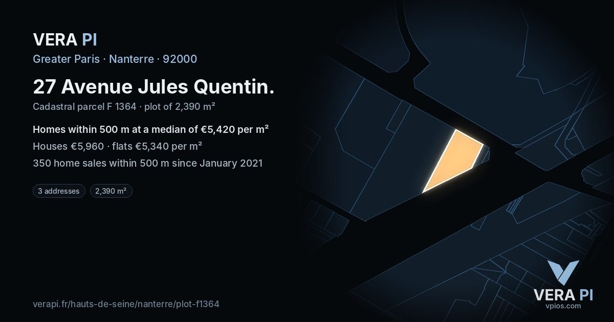 27 Avenue Jules Quentin, Nanterre at night – the plot lit, the parcels around coloured by the prices near them