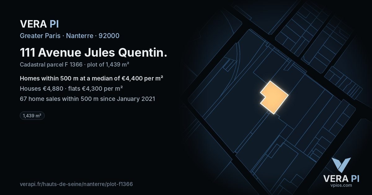 111 Avenue Jules Quentin, Nanterre at night – the plot lit, the parcels around coloured by the prices near them