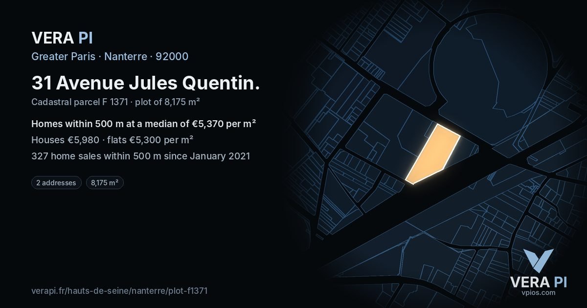 31 Avenue Jules Quentin, Nanterre at night – the plot lit, the parcels around coloured by the prices near them