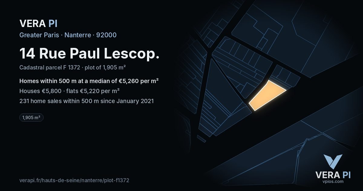 14 Rue Paul Lescop, Nanterre at night – the plot lit, the parcels around coloured by the prices near them