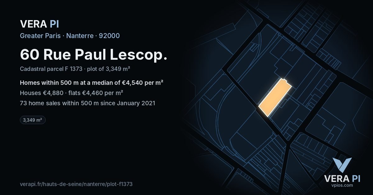 60 Rue Paul Lescop, Nanterre at night – the plot lit, the parcels around coloured by the prices near them