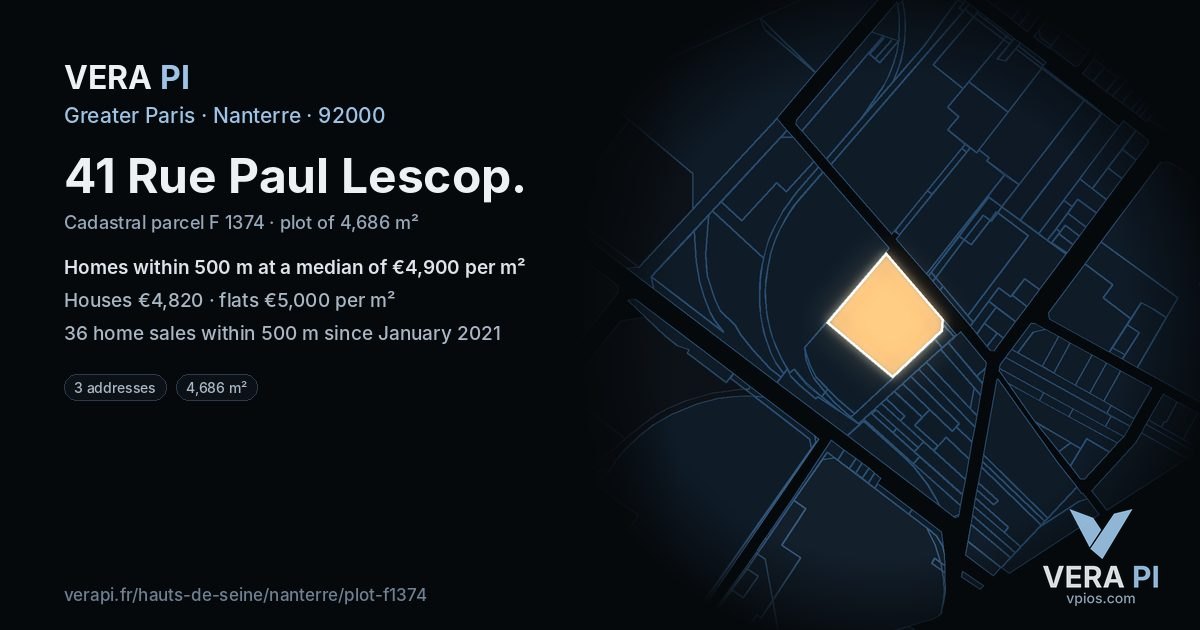 41 Rue Paul Lescop, Nanterre at night – the plot lit, the parcels around coloured by the prices near them