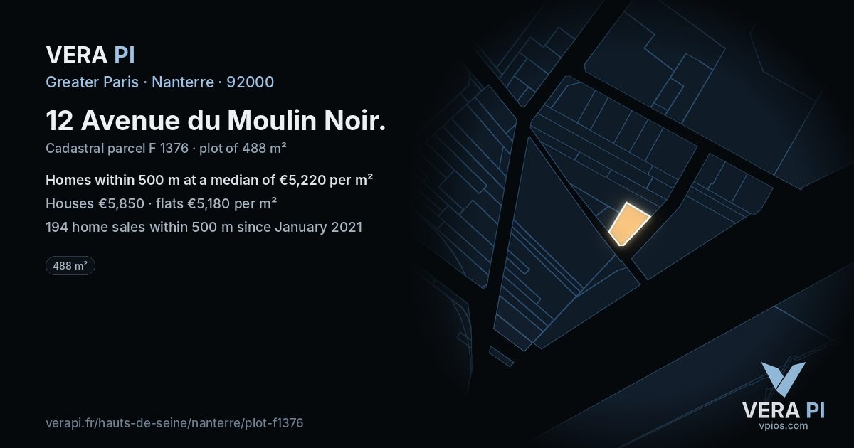 12 Avenue du Moulin Noir, Nanterre at night – the plot lit, the parcels around coloured by the prices near them
