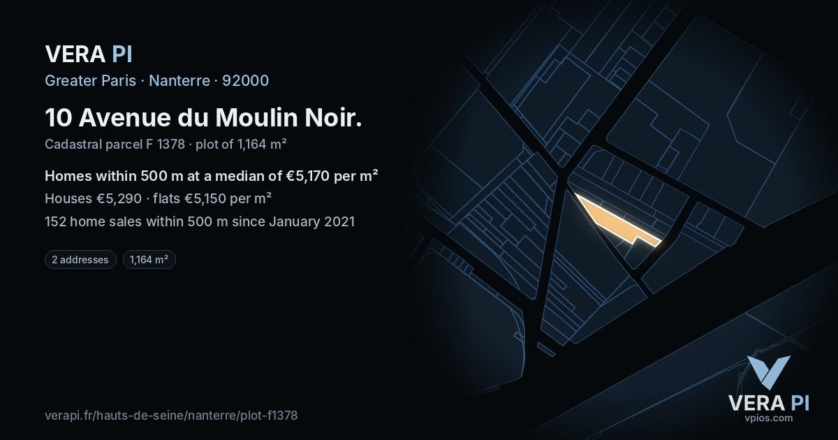 10 Avenue du Moulin Noir, Nanterre at night – the plot lit, the parcels around coloured by the prices near them