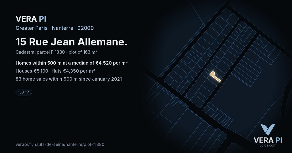 15 Rue Jean Allemane, Nanterre at night – the plot lit, the parcels around coloured by the prices near them