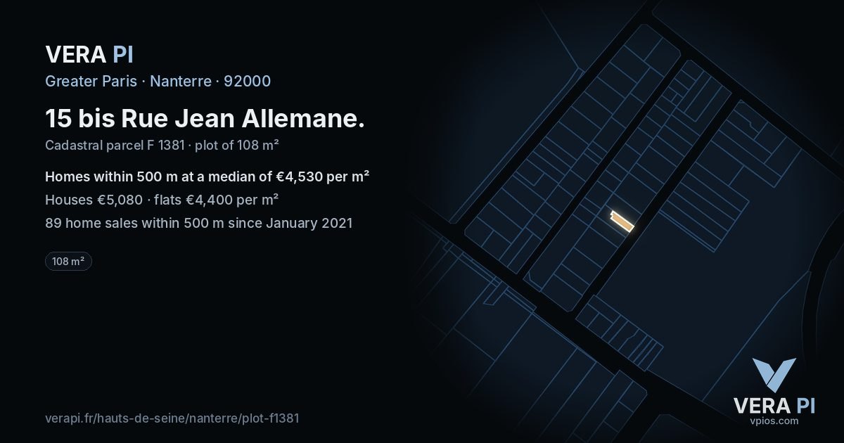 15 bis Rue Jean Allemane, Nanterre at night – the plot lit, the parcels around coloured by the prices near them