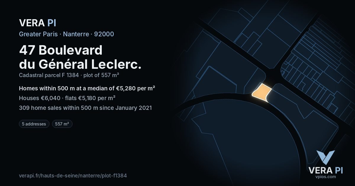 47 Boulevard du Général Leclerc, Nanterre at night – the plot lit, the parcels around coloured by the prices near them