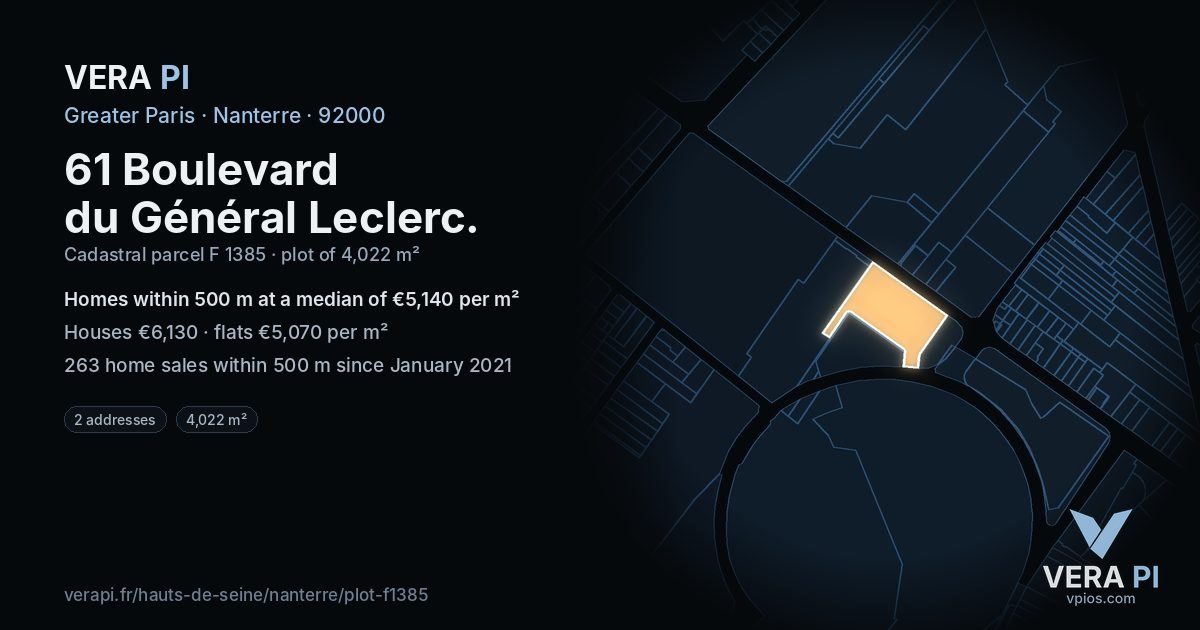 61 Boulevard du Général Leclerc, Nanterre at night – the plot lit, the parcels around coloured by the prices near them