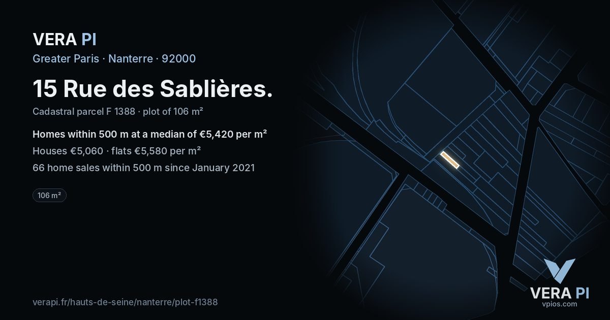 15 Rue des Sablières, Nanterre at night – the plot lit, the parcels around coloured by the prices near them