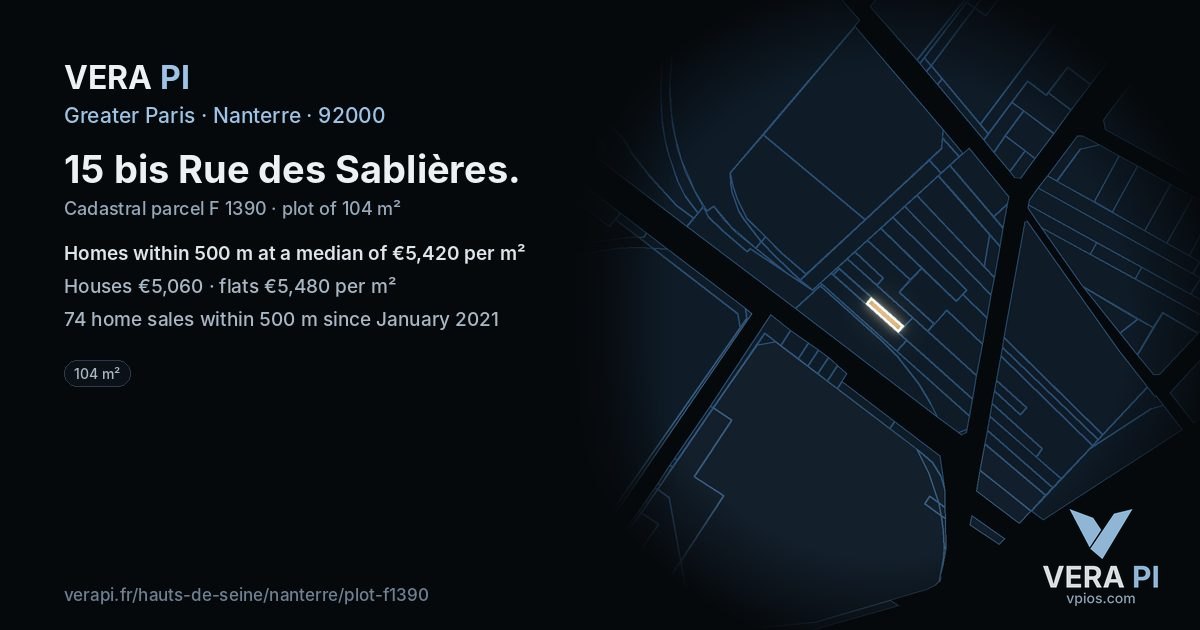 15 bis Rue des Sablières, Nanterre at night – the plot lit, the parcels around coloured by the prices near them