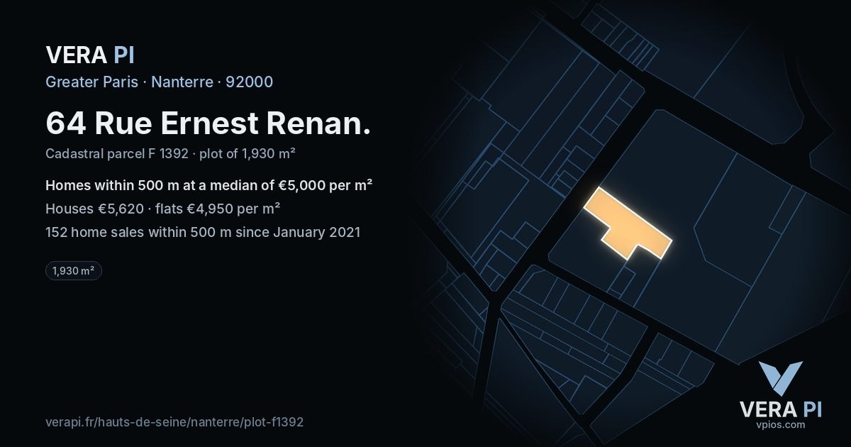 64 Rue Ernest Renan, Nanterre at night – the plot lit, the parcels around coloured by the prices near them