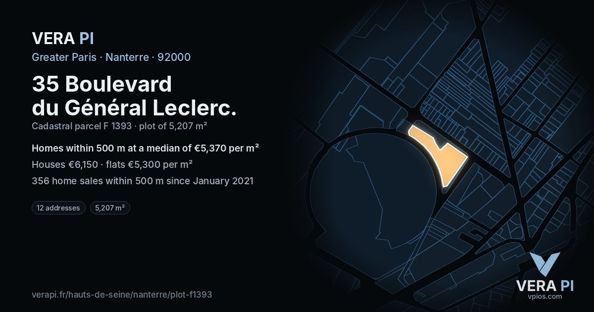 35 Boulevard du Général Leclerc, Nanterre at night – the plot lit, the parcels around coloured by the prices near them