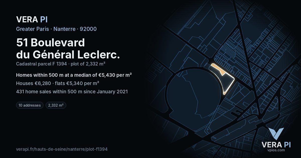 51 Boulevard du Général Leclerc, Nanterre at night – the plot lit, the parcels around coloured by the prices near them
