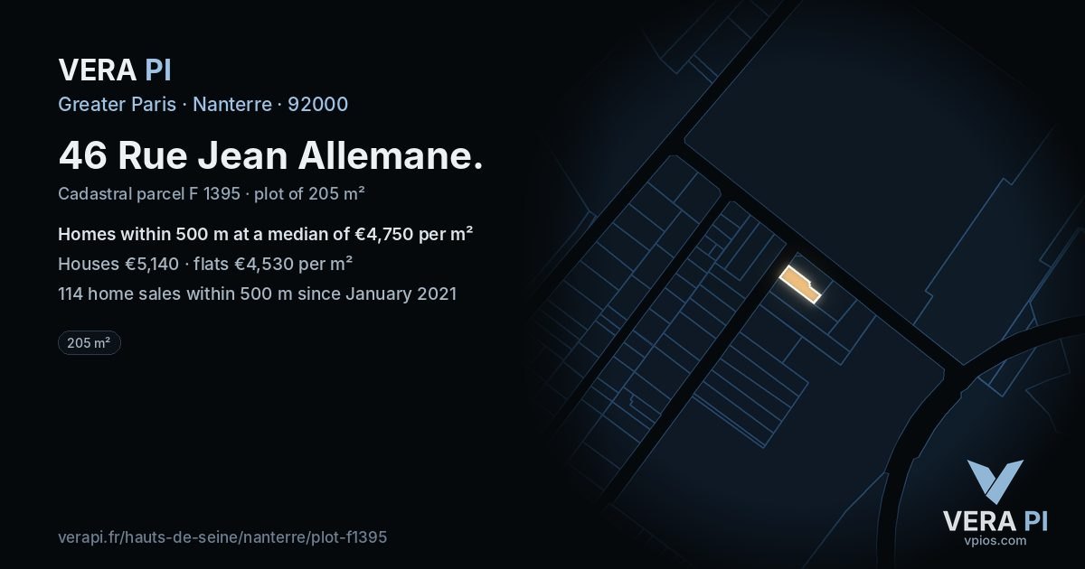 46 Rue Jean Allemane, Nanterre at night – the plot lit, the parcels around coloured by the prices near them
