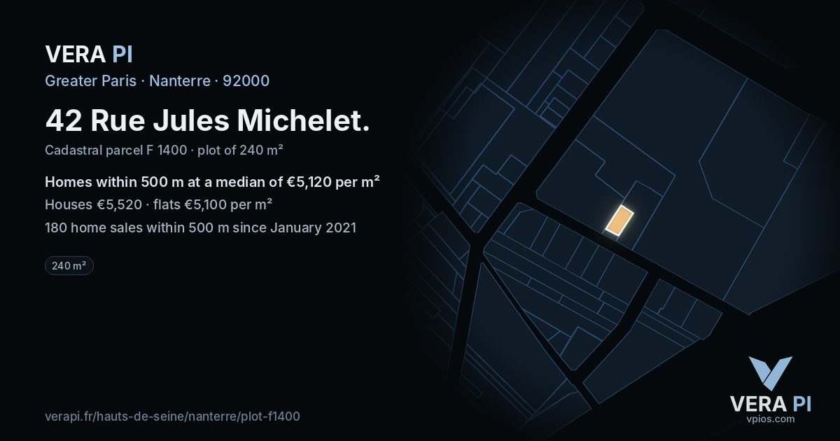 42 Rue Jules Michelet, Nanterre at night – the plot lit, the parcels around coloured by the prices near them