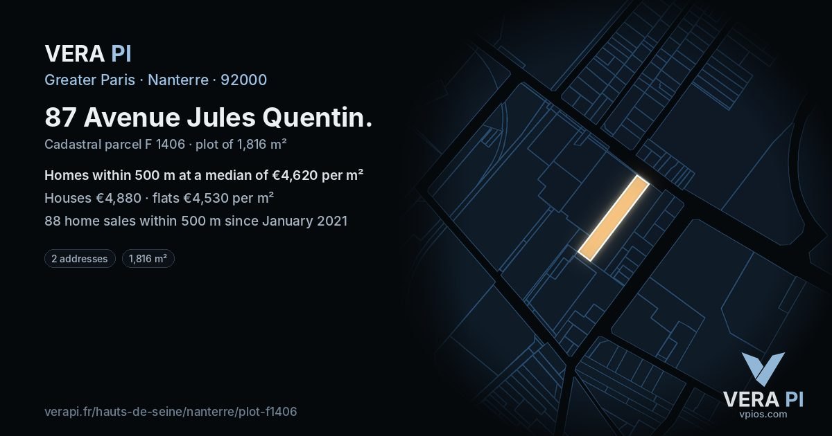 87 Avenue Jules Quentin, Nanterre at night – the plot lit, the parcels around coloured by the prices near them