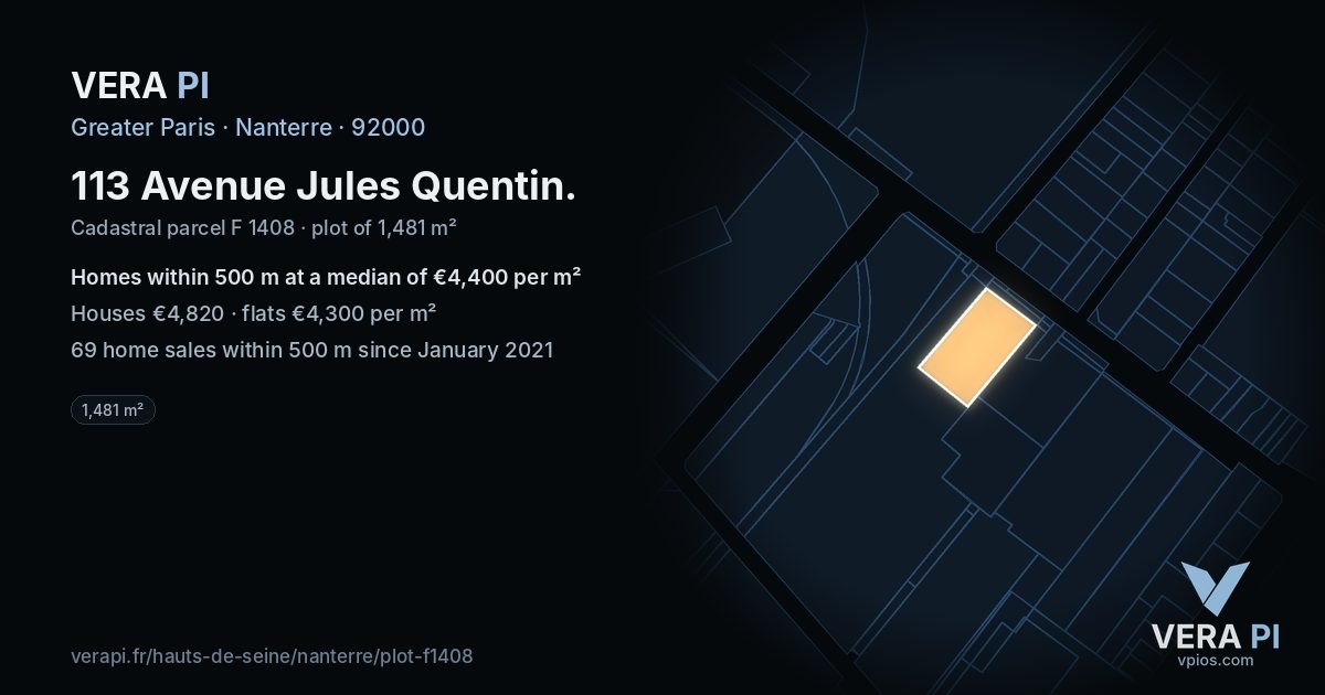 113 Avenue Jules Quentin, Nanterre at night – the plot lit, the parcels around coloured by the prices near them