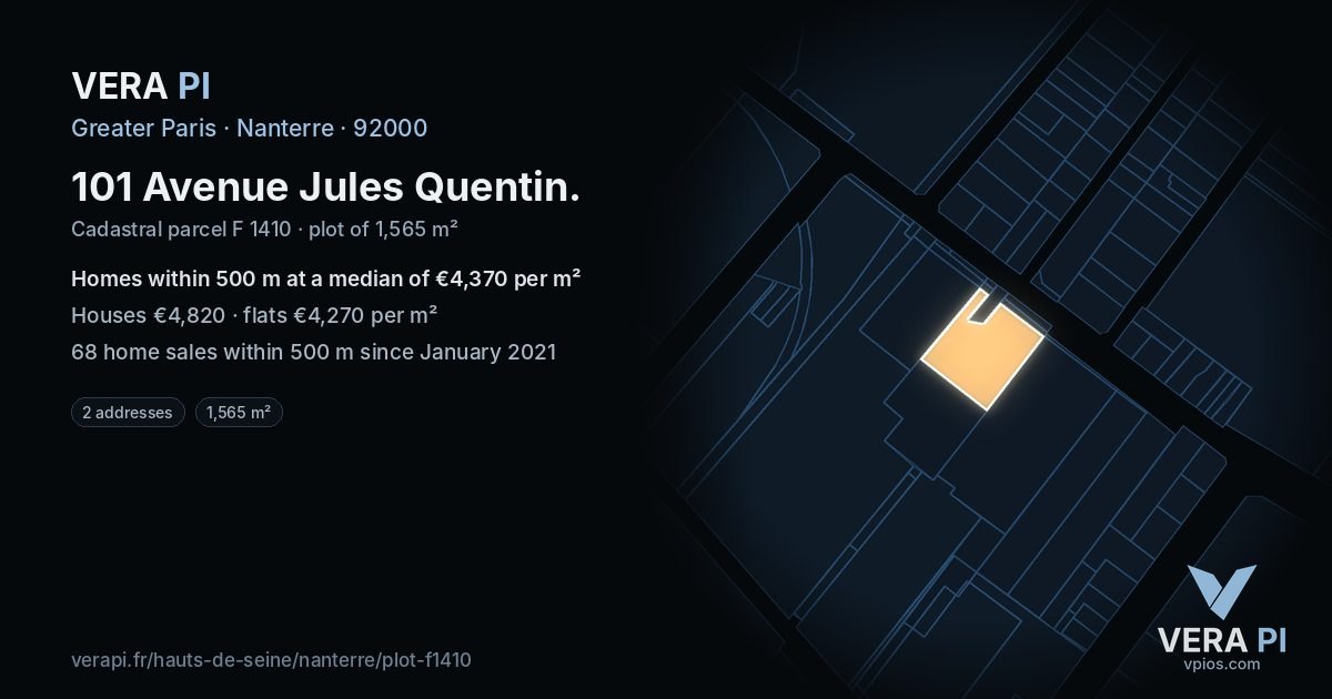 101 Avenue Jules Quentin, Nanterre at night – the plot lit, the parcels around coloured by the prices near them
