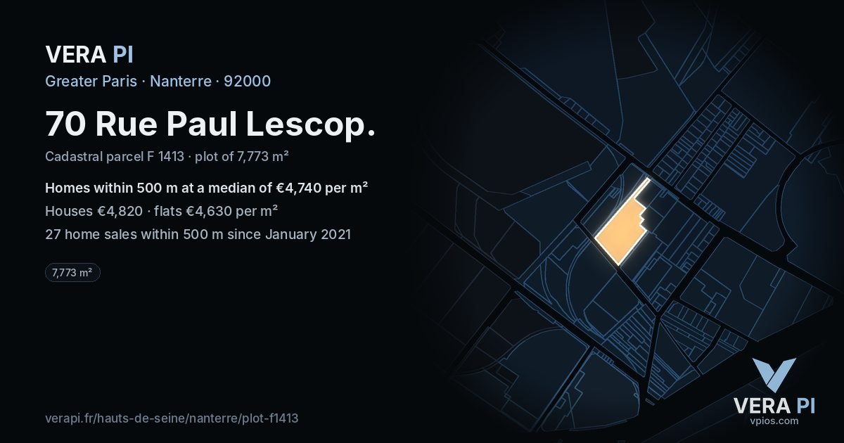 70 Rue Paul Lescop, Nanterre at night – the plot lit, the parcels around coloured by the prices near them
