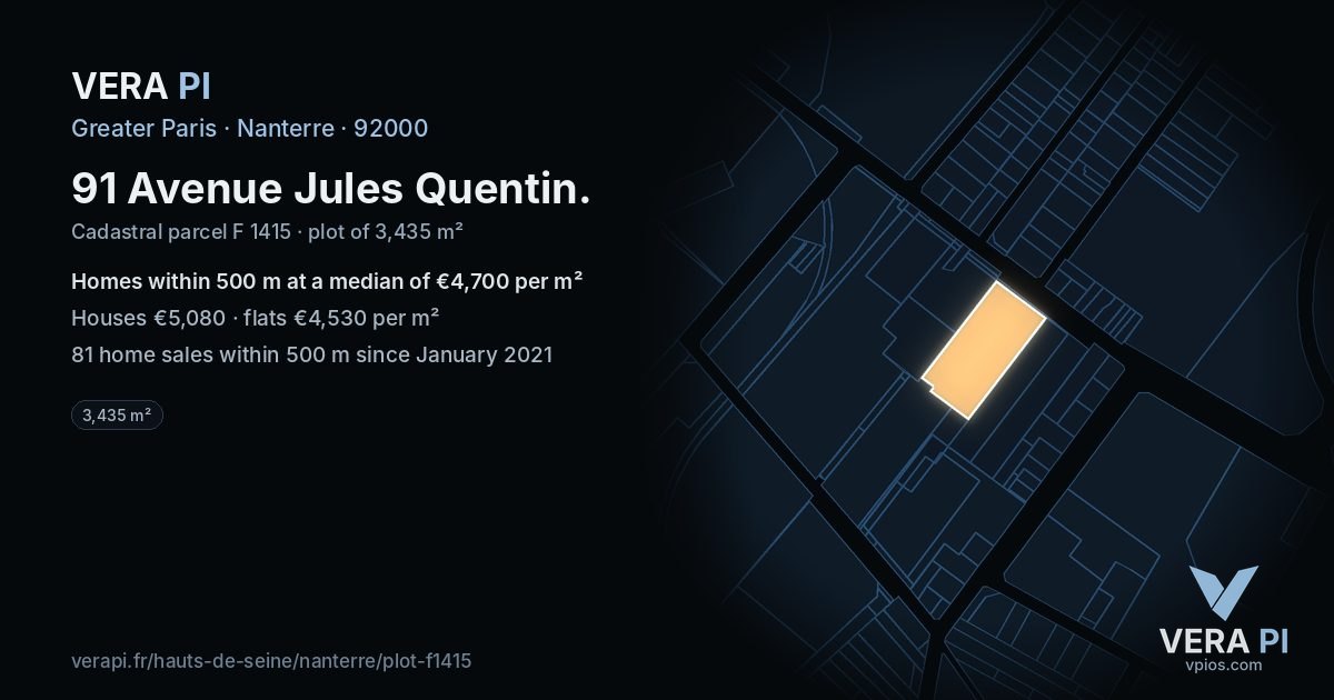 91 Avenue Jules Quentin, Nanterre at night – the plot lit, the parcels around coloured by the prices near them