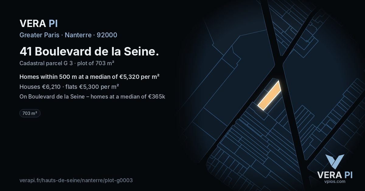 41 Boulevard de la Seine, Nanterre at night – the plot lit, the parcels around coloured by the prices near them