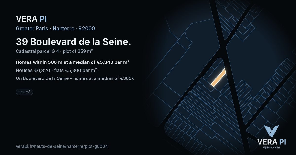 39 Boulevard de la Seine, Nanterre at night – the plot lit, the parcels around coloured by the prices near them
