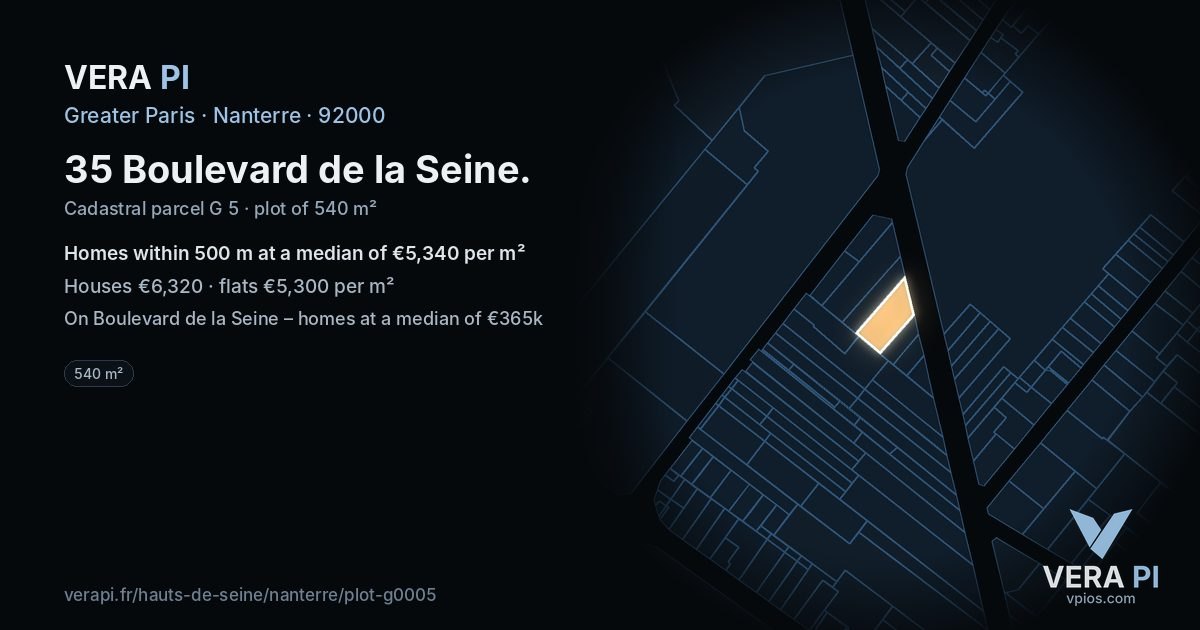 35 Boulevard de la Seine, Nanterre at night – the plot lit, the parcels around coloured by the prices near them