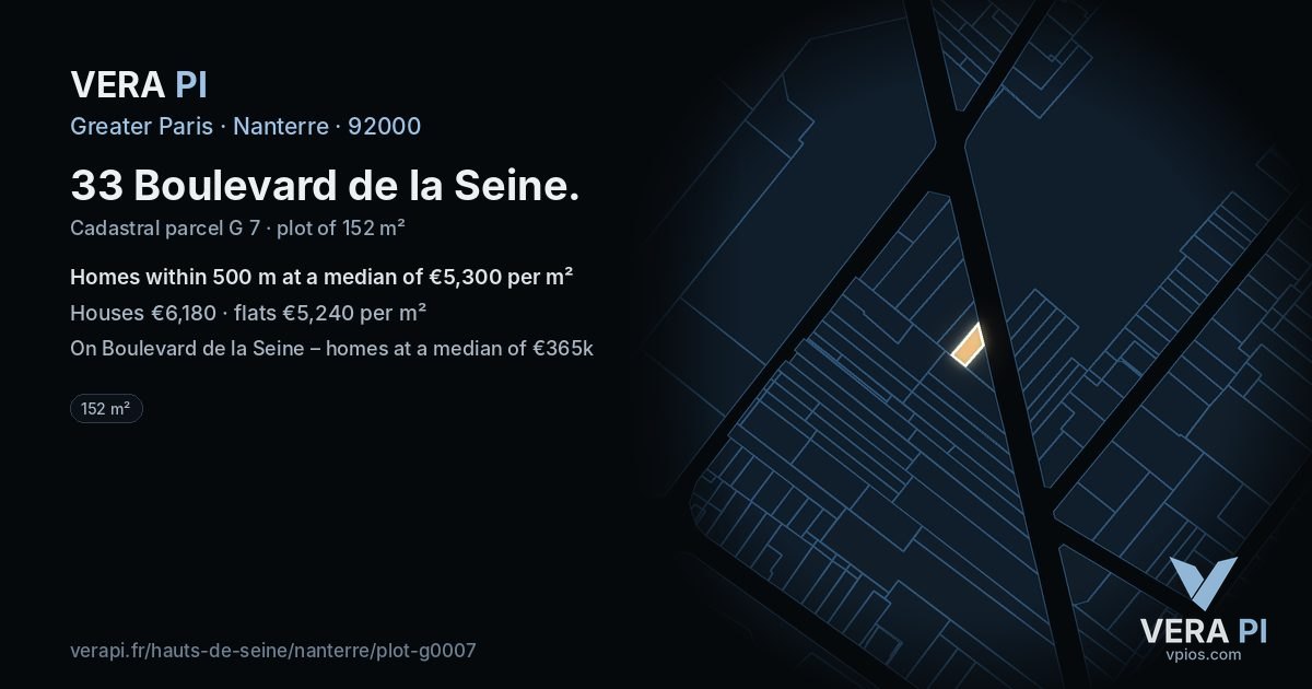33 Boulevard de la Seine, Nanterre at night – the plot lit, the parcels around coloured by the prices near them