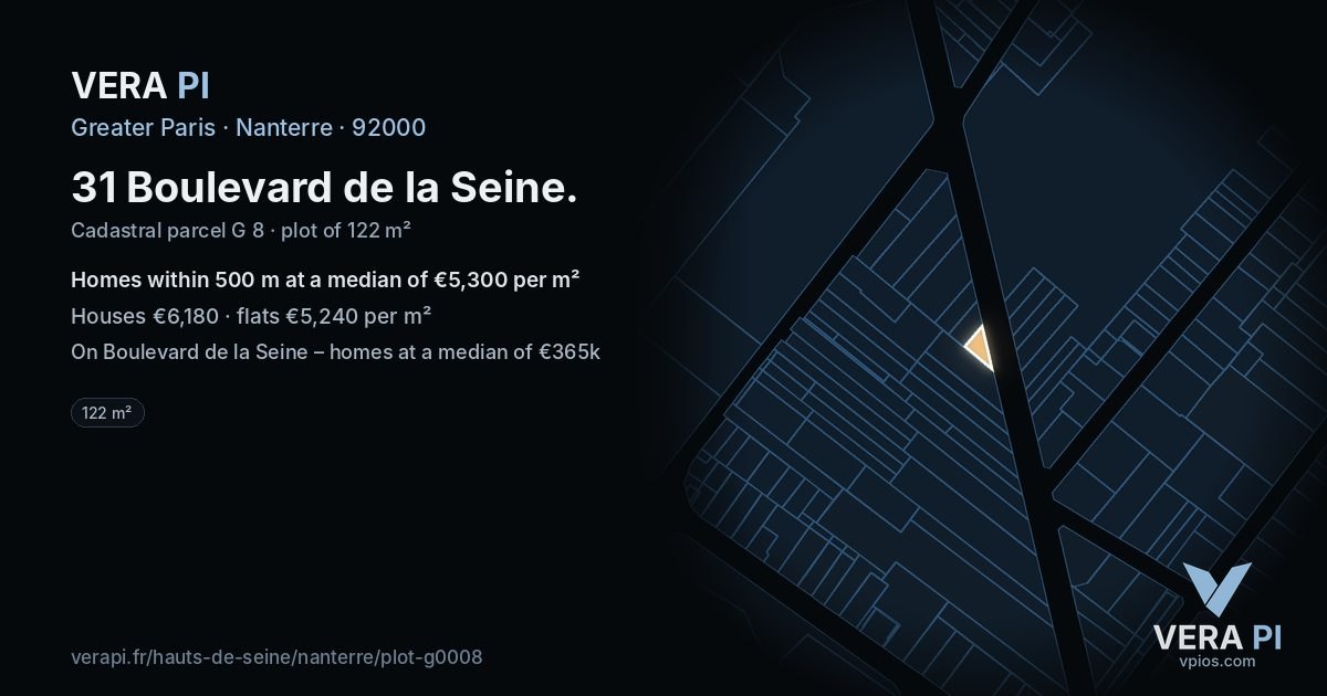 31 Boulevard de la Seine, Nanterre at night – the plot lit, the parcels around coloured by the prices near them