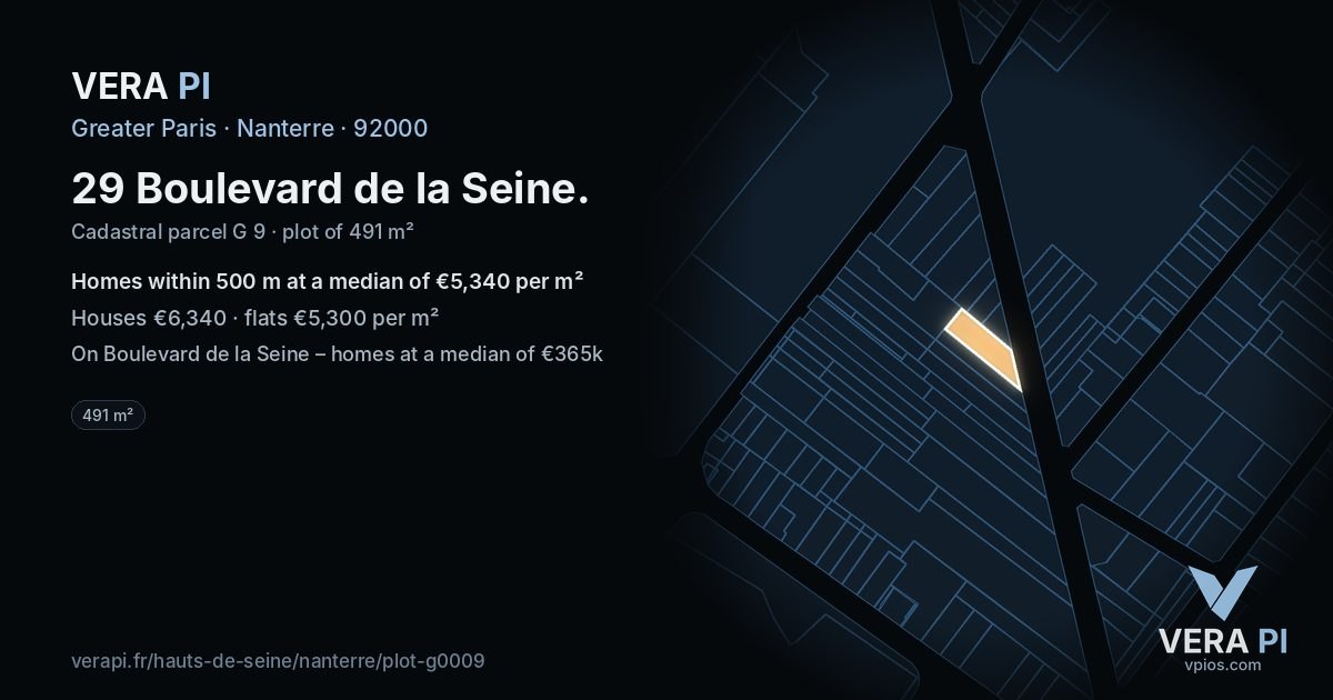 29 Boulevard de la Seine, Nanterre at night – the plot lit, the parcels around coloured by the prices near them