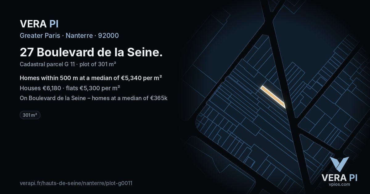 27 Boulevard de la Seine, Nanterre at night – the plot lit, the parcels around coloured by the prices near them