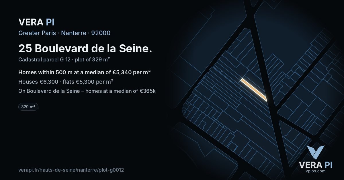 25 Boulevard de la Seine, Nanterre at night – the plot lit, the parcels around coloured by the prices near them