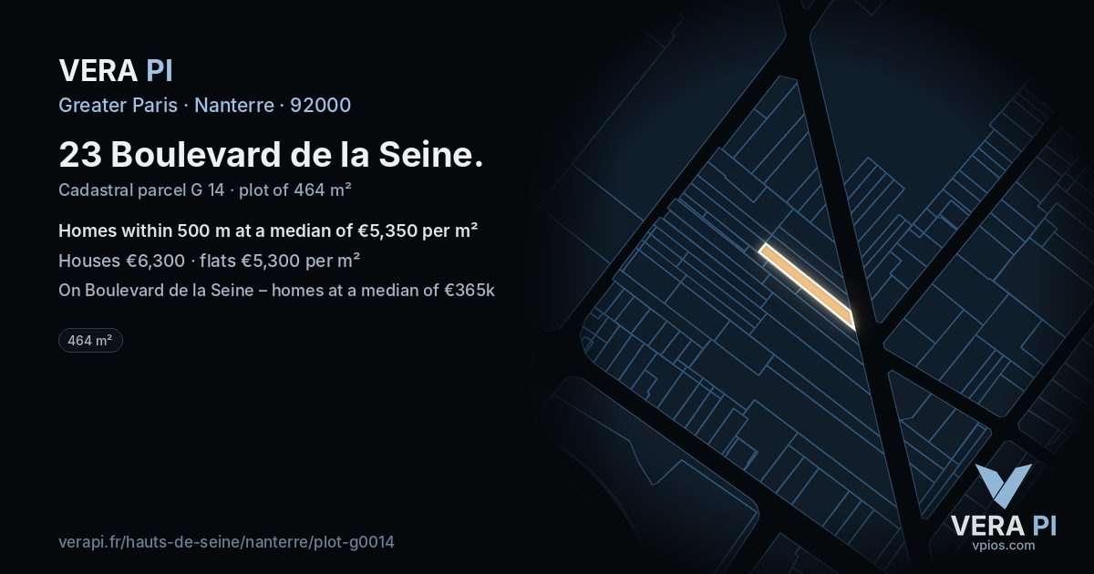23 Boulevard de la Seine, Nanterre at night – the plot lit, the parcels around coloured by the prices near them
