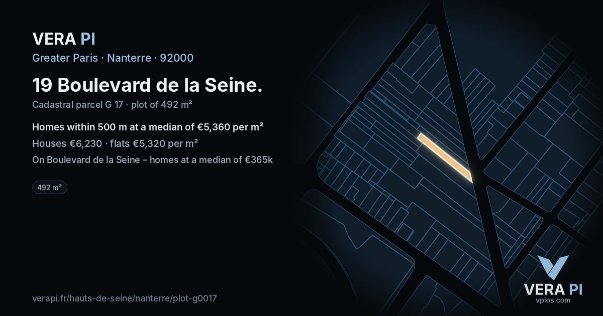 19 Boulevard de la Seine, Nanterre at night – the plot lit, the parcels around coloured by the prices near them