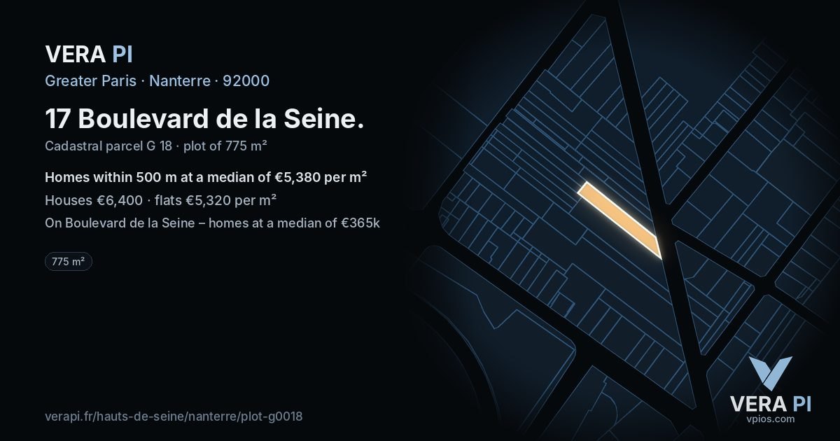 17 Boulevard de la Seine, Nanterre at night – the plot lit, the parcels around coloured by the prices near them