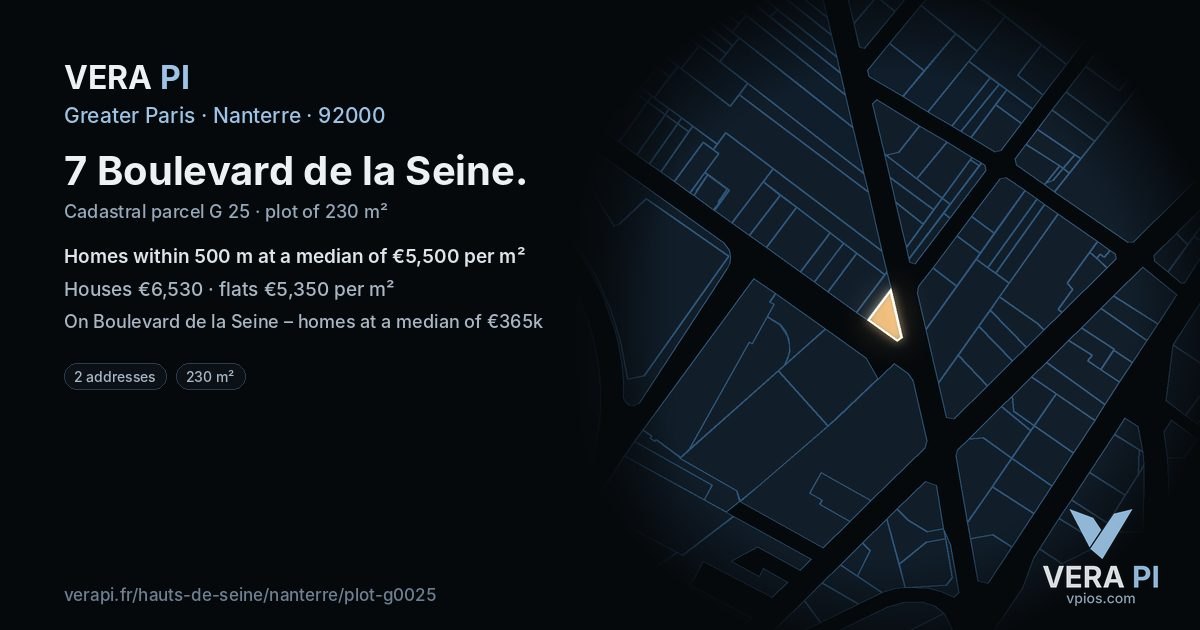 7 Boulevard de la Seine, Nanterre at night – the plot lit, the parcels around coloured by the prices near them