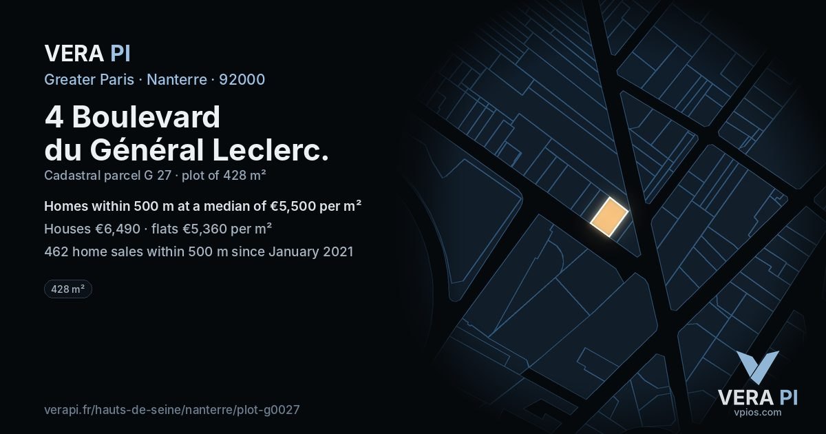 4 Boulevard du Général Leclerc, Nanterre at night – the plot lit, the parcels around coloured by the prices near them