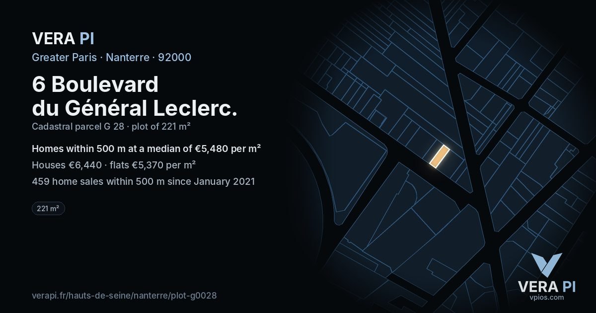 6 Boulevard du Général Leclerc, Nanterre at night – the plot lit, the parcels around coloured by the prices near them