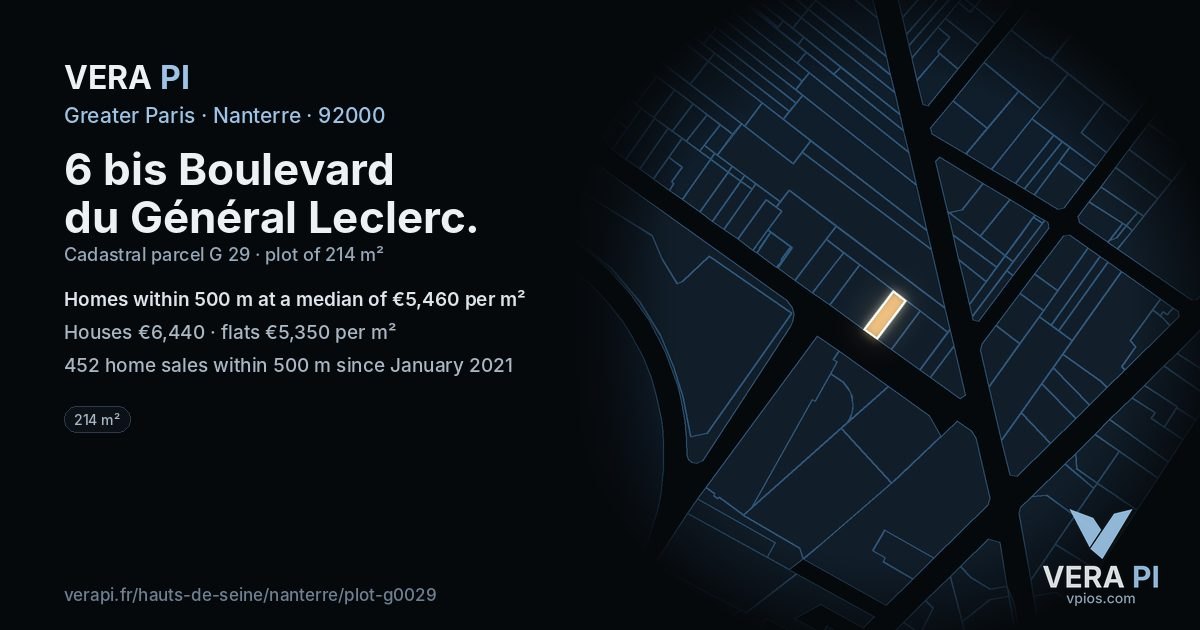 6 bis Boulevard du Général Leclerc, Nanterre at night – the plot lit, the parcels around coloured by the prices near them