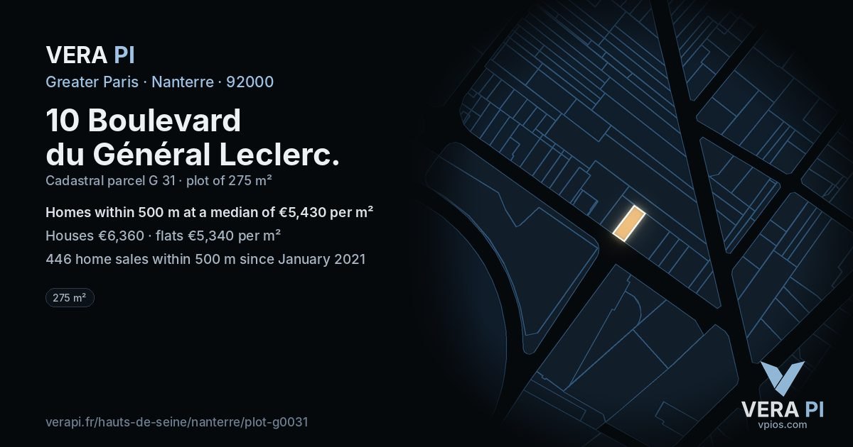 10 Boulevard du Général Leclerc, Nanterre at night – the plot lit, the parcels around coloured by the prices near them