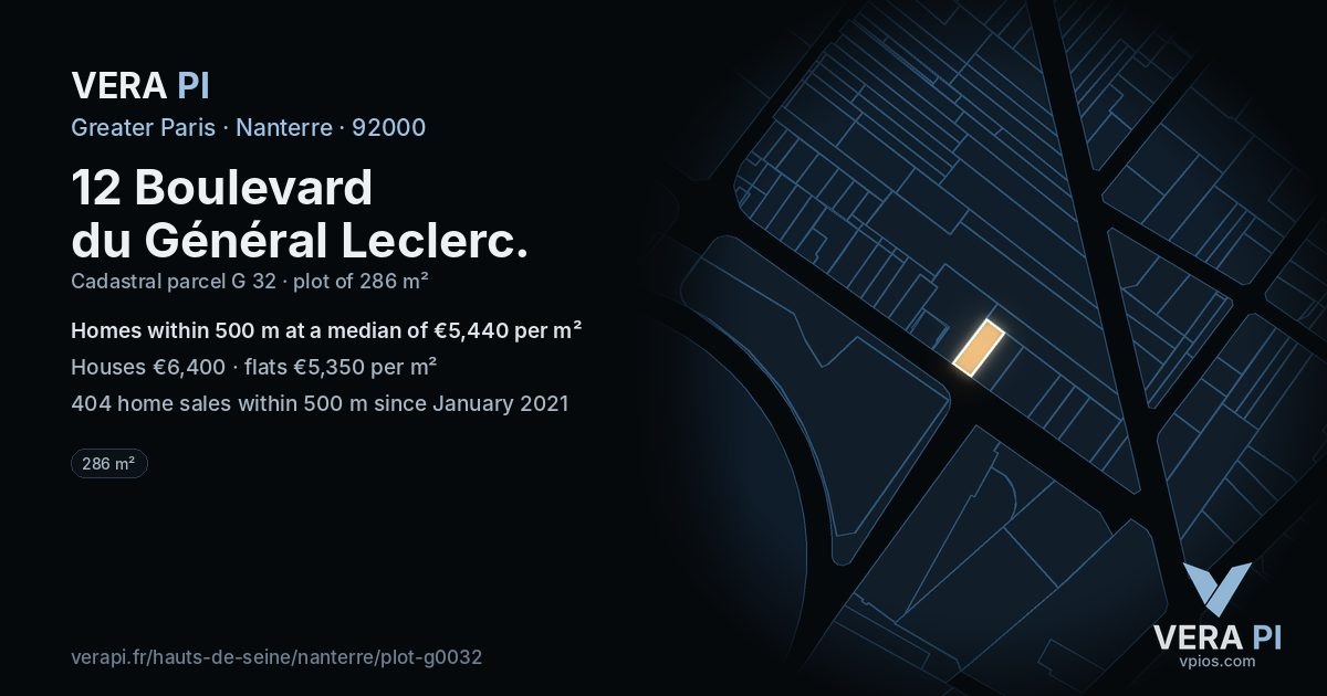 12 Boulevard du Général Leclerc, Nanterre at night – the plot lit, the parcels around coloured by the prices near them