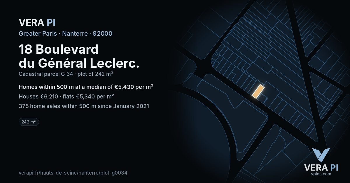 18 Boulevard du Général Leclerc, Nanterre at night – the plot lit, the parcels around coloured by the prices near them