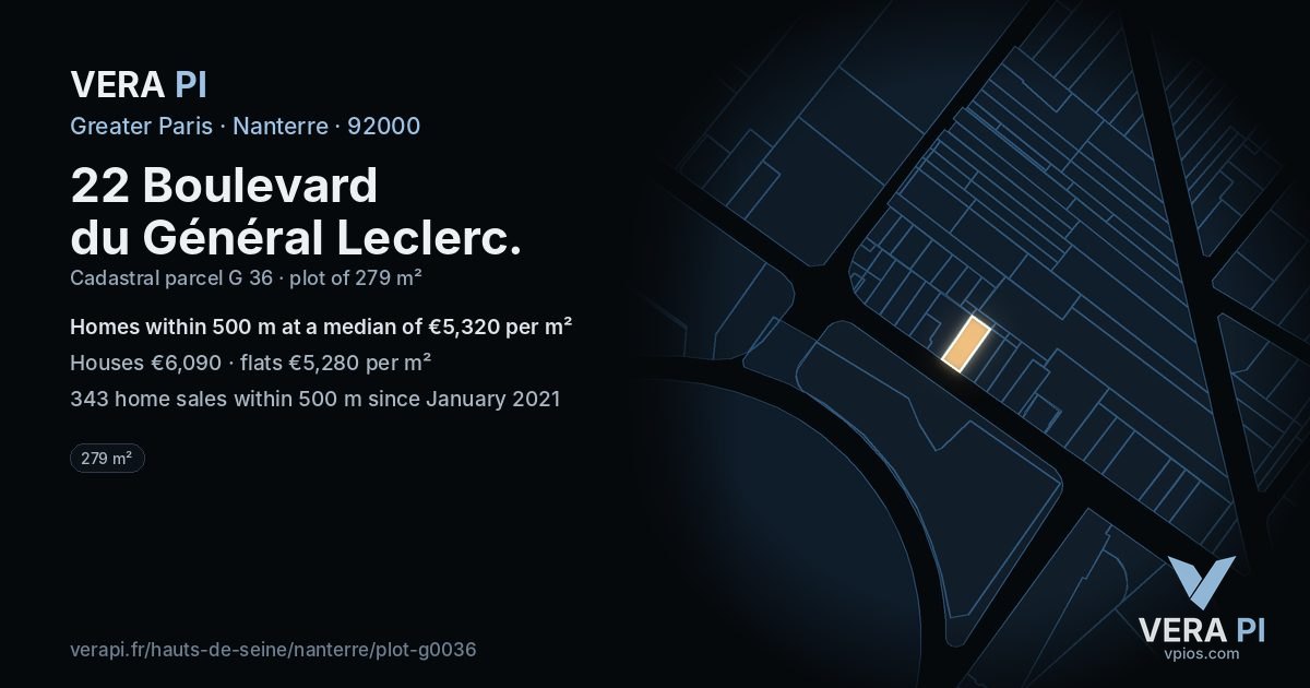 22 Boulevard du Général Leclerc, Nanterre at night – the plot lit, the parcels around coloured by the prices near them